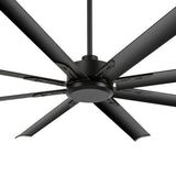 Detailed underside view of the black motor housing and eight aluminum blades on the 72-inch industrial ceiling fan
