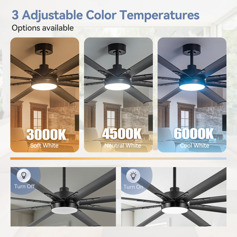ALKAFY 72" Black Industrial Ceiling Fan with LED Light & Remote - 6-Speed Reversible DC Motor, 8 Blades for Indoor/Outdoor Use