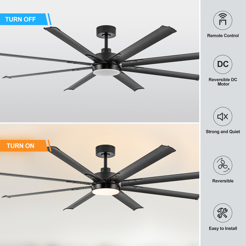 72-Inch Modern Ceiling Fan with Remote, Reversible Powerful DC Motor, 8 Aluminum Blades, 6-Speed, Dual Downrods(7“&24”), LED Light Kit with 3 Color Temps(3000K/4500K/6000K), Black/Gold Black/White/Gold White Finish for Large Room