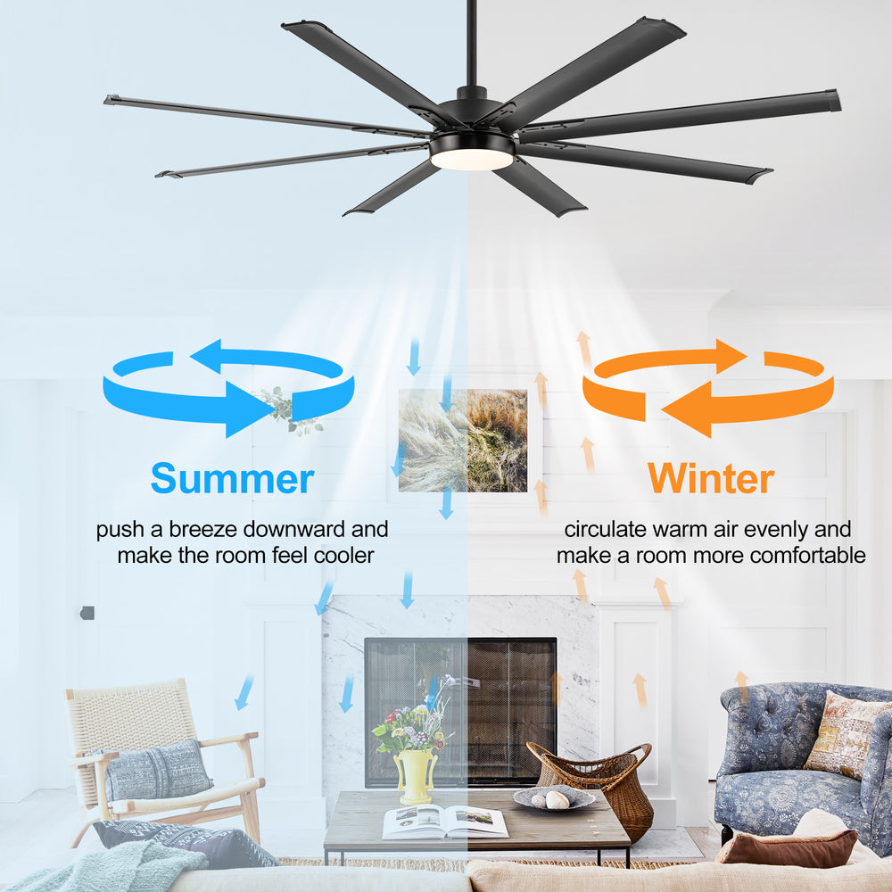 72-Inch Modern Ceiling Fan with Remote, Reversible Powerful DC Motor, 8 Aluminum Blades, 6-Speed, Dual Downrods(7“&24”), LED Light Kit with 3 Color Temps(3000K/4500K/6000K), Black/Gold Black/White/Gold White Finish for Large Room