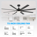 72-Inch Modern Ceiling Fan with Remote, Reversible Powerful DC Motor, 8 Aluminum Blades, 6-Speed, Dual Downrods(7“&24”), LED Light Kit with 3 Color Temps(3000K/4500K/6000K), Black/Gold Black/White/Gold White Finish for Large Room