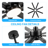 72-Inch Modern Ceiling Fan with Remote, Reversible Powerful DC Motor, 8 Aluminum Blades, 6-Speed, Dual Downrods(7“&24”), LED Light Kit with 3 Color Temps(3000K/4500K/6000K), Black/Gold Black/White/Gold White Finish for Large Room