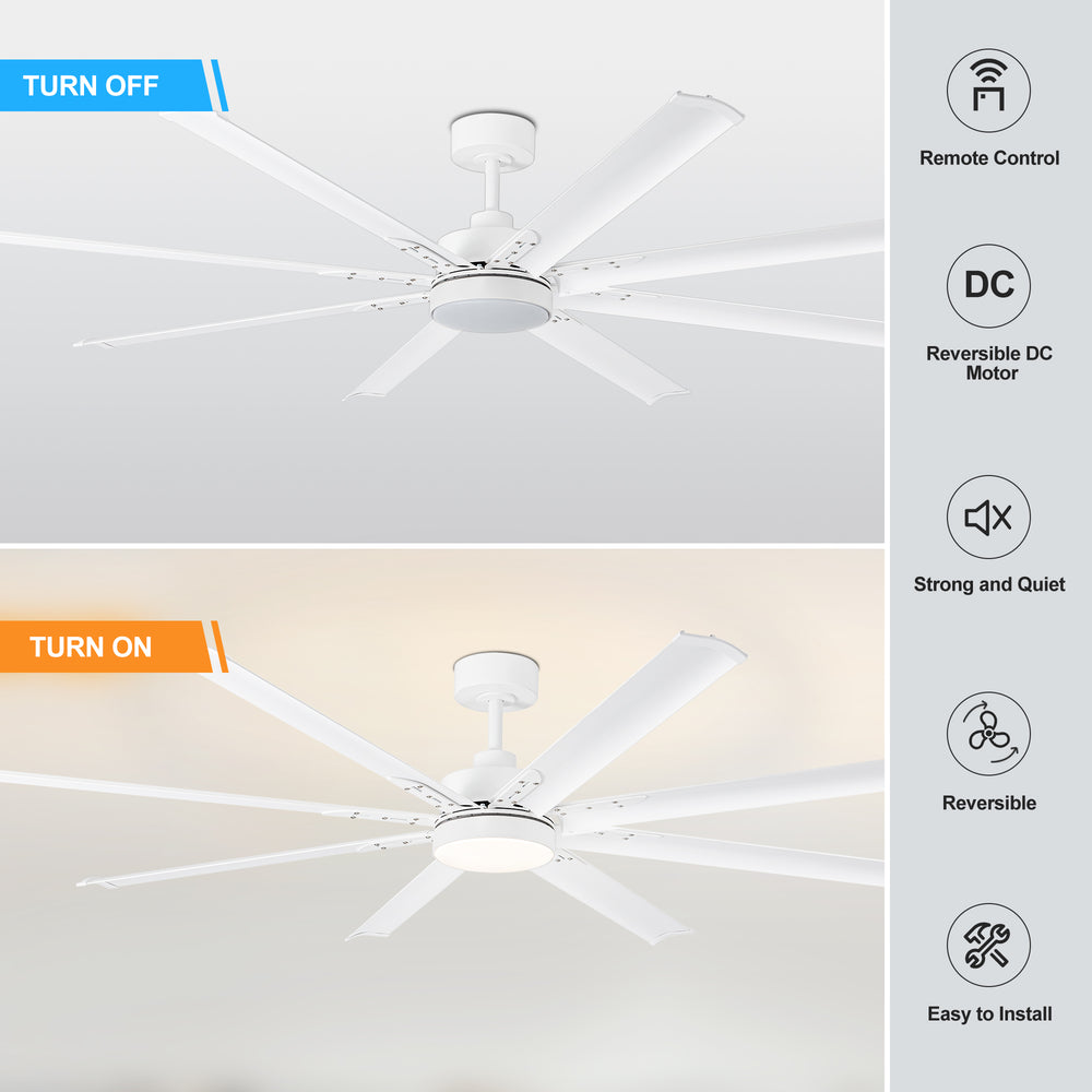 72-Inch Modern Ceiling Fan with Remote, Reversible Powerful DC Motor, 8 Aluminum Blades, 6-Speed, Dual Downrods(7“&24”), LED Light Kit with 3 Color Temps(3000K/4500K/6000K), Black/Gold Black/White/Gold White Finish for Large Room