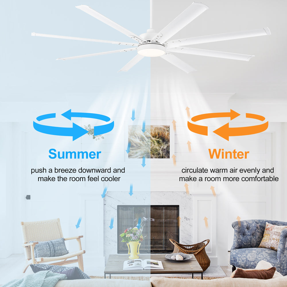 72-Inch Modern Ceiling Fan with Remote, Reversible Powerful DC Motor, 8 Aluminum Blades, 6-Speed, Dual Downrods(7“&24”), LED Light Kit with 3 Color Temps(3000K/4500K/6000K), Black/Gold Black/White/Gold White Finish for Large Room