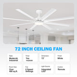 72-Inch Modern Ceiling Fan with Remote, Reversible Powerful DC Motor, 8 Aluminum Blades, 6-Speed, Dual Downrods(7“&24”), LED Light Kit with 3 Color Temps(3000K/4500K/6000K), Black/Gold Black/White/Gold White Finish for Large Room