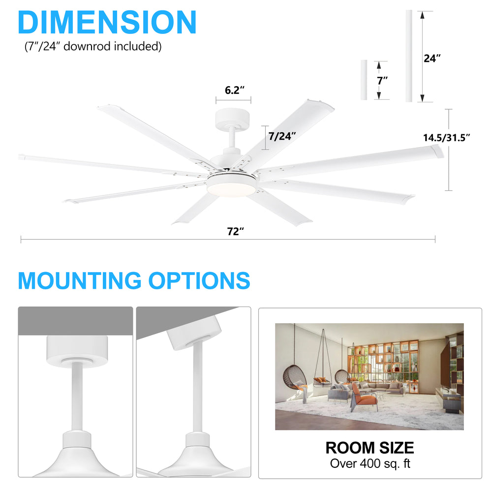72-Inch Modern Ceiling Fan with Remote, Reversible Powerful DC Motor, 8 Aluminum Blades, 6-Speed, Dual Downrods(7“&24”), LED Light Kit with 3 Color Temps(3000K/4500K/6000K), Black/Gold Black/White/Gold White Finish for Large Room
