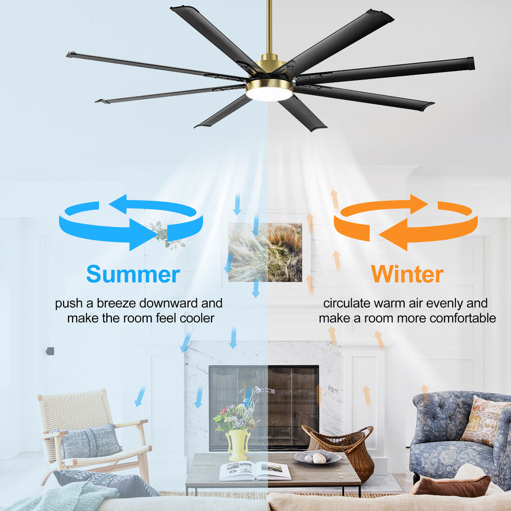 72-Inch Modern Ceiling Fan with Remote, Reversible Powerful DC Motor, 8 Aluminum Blades, 6-Speed, Dual Downrods(7“&24”), LED Light Kit with 3 Color Temps(3000K/4500K/6000K), Black/Gold Black/White/Gold White Finish for Large Room