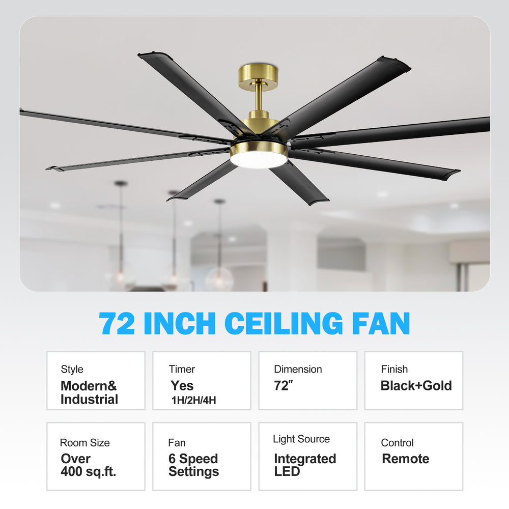 72-Inch Modern Ceiling Fan with Remote, Reversible Powerful DC Motor, 8 Aluminum Blades, 6-Speed, Dual Downrods(7“&24”), LED Light Kit with 3 Color Temps(3000K/4500K/6000K), Black/Gold Black/White/Gold White Finish for Large Room