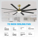 72-Inch Modern Ceiling Fan with Remote, Reversible Powerful DC Motor, 8 Aluminum Blades, 6-Speed, Dual Downrods(7“&24”), LED Light Kit with 3 Color Temps(3000K/4500K/6000K), Black/Gold Black/White/Gold White Finish for Large Room