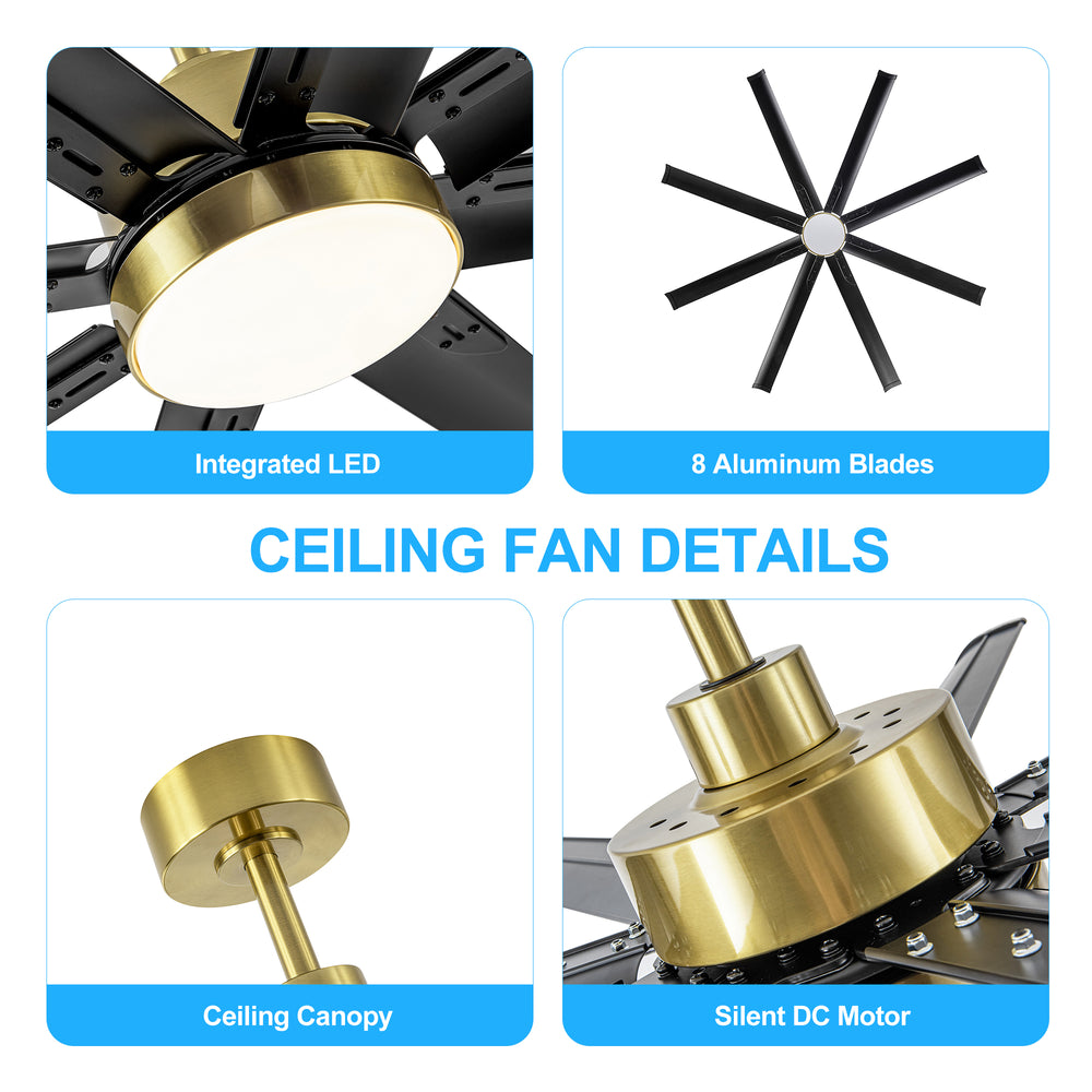 72-Inch Modern Ceiling Fan with Remote, Reversible Powerful DC Motor, 8 Aluminum Blades, 6-Speed, Dual Downrods(7“&24”), LED Light Kit with 3 Color Temps(3000K/4500K/6000K), Black/Gold Black/White/Gold White Finish for Large Room