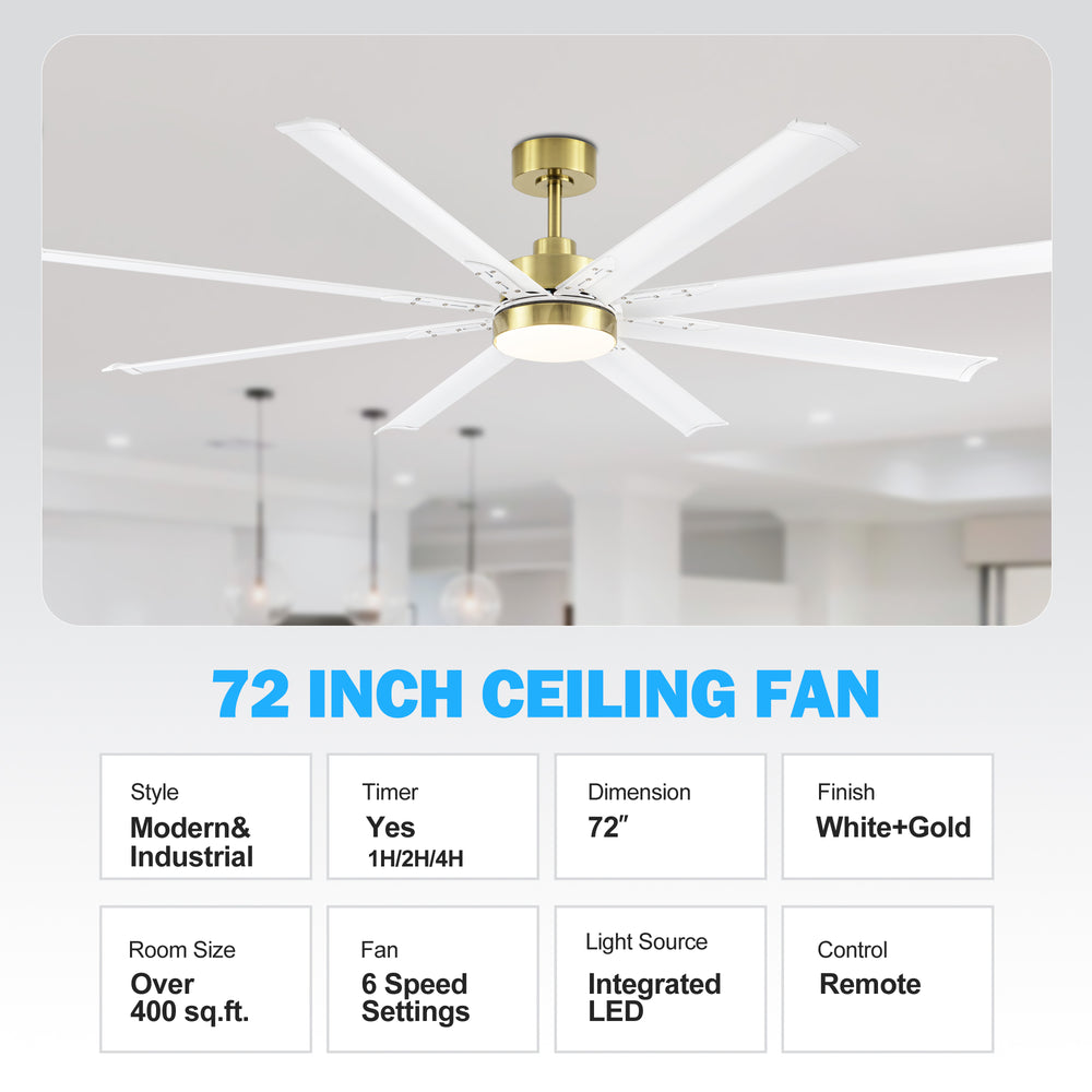 72-Inch Modern Ceiling Fan with Remote, Reversible Powerful DC Motor, 8 Aluminum Blades, 6-Speed, Dual Downrods(7“&24”), LED Light Kit with 3 Color Temps(3000K/4500K/6000K), Black/Gold Black/White/Gold White Finish for Large Room