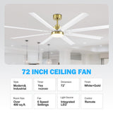72-Inch Modern Ceiling Fan with Remote, Reversible Powerful DC Motor, 8 Aluminum Blades, 6-Speed, Dual Downrods(7“&24”), LED Light Kit with 3 Color Temps(3000K/4500K/6000K), Black/Gold Black/White/Gold White Finish for Large Room