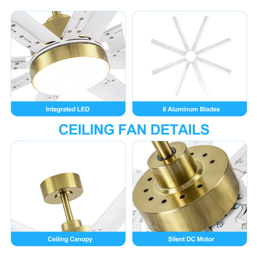 72-Inch Modern Ceiling Fan with Remote, Reversible Powerful DC Motor, 8 Aluminum Blades, 6-Speed, Dual Downrods(7“&24”), LED Light Kit with 3 Color Temps(3000K/4500K/6000K), Black/Gold Black/White/Gold White Finish for Large Room