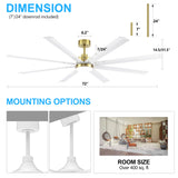 72-Inch Modern Ceiling Fan with Remote, Reversible Powerful DC Motor, 8 Aluminum Blades, 6-Speed, Dual Downrods(7“&24”), LED Light Kit with 3 Color Temps(3000K/4500K/6000K), Black/Gold Black/White/Gold White Finish for Large Room