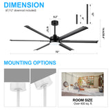 72-inch Black LED Ceiling Fan with Light Kit and Remote,6 Aluminum Blades,6" and 12" Dowmrods Included