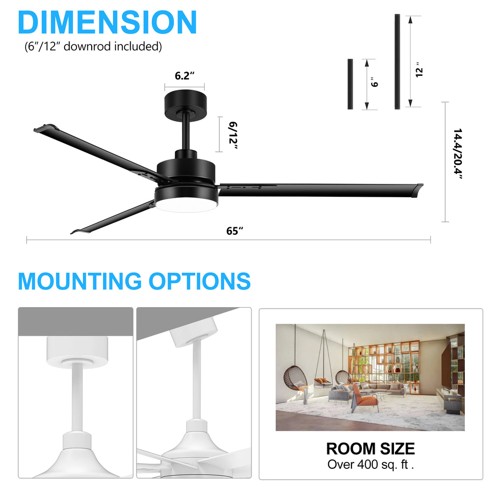 65-inch Black LED Ceiling Fan with Light and Remote Control(3 Blade)