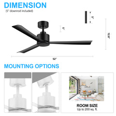 52 Inch LED  Ceiling Fan  without Light,Remote and 5"Downrod Included