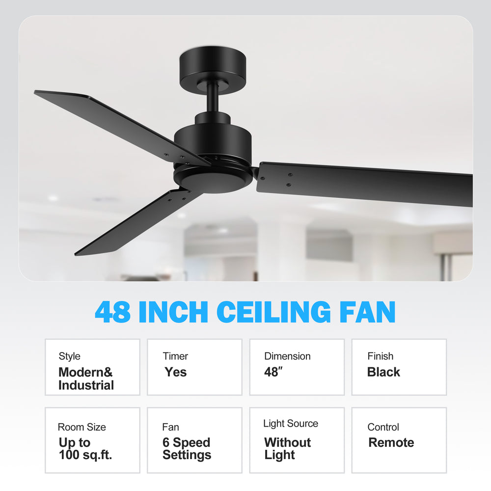 Covara 48-Inch 3-Blade Ceiling Fan With No Light & Remote