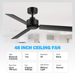 48-inch 3-Blade Black Ceiling Fan without Light,5” Downrod Included