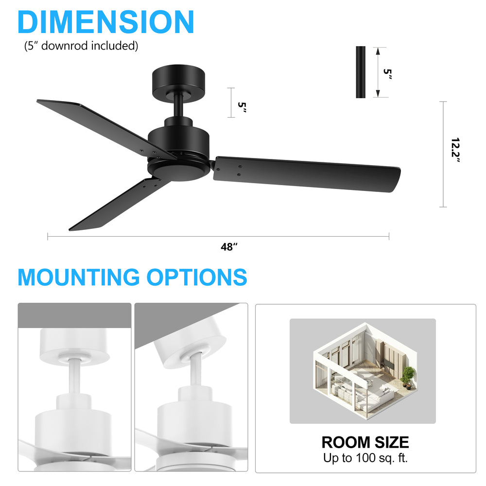 Covara 48-Inch 3-Blade Ceiling Fan With No Light & Remote