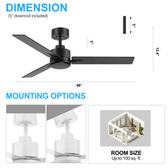 48-inch Indoor Black  Ceiling Fan with Remote without Light(3-Blade)