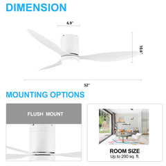 52 Inch Flush Mount Ceiling Fan, Low Profile Ceiling Fan with Light and Remote,Tri-Color temperatures, Quiet Strong DC Reversible Motor for Indoor, Bedroom, Kitchen, Living Room