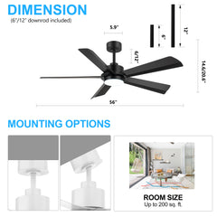 56 Inch 5-Blade Integrated Ceiling Fan with LED Light and Remote,6" and 12" Downrod Included