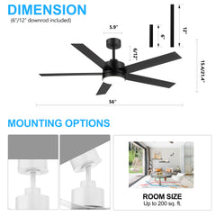56 Inch 5-Blade Integrated Ceiling Fan with LED Light and Remote,6" and 12" Downrod Included