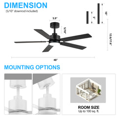 48 Inch 5-Blade Integrated Ceiling Fan with LED Light and Remote,5" and 10" Downrod Included