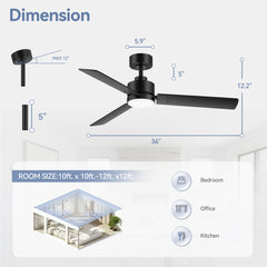36-inch Black Reversible 3-Blade LED Ceiling Fan with Light Kit and Remote,5in downrod Included
