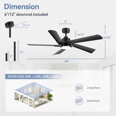 60-inch Modern Ceiling Fan with 5 ABS Blades, 18W LED Light, 6-Speed Quiet DC Motor, Remote Control, 3 Color Temps & Dual Downrods (6" & 12")