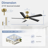 Virello 60-inch brushed gold ceiling fan with five black blades and light dimension diagram 6-inch or 12-inch downrods 12 degree slope rooms 20 by 25 feet