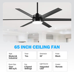 65-Inch LED Ceiling Fan with Light Remote,6 Plywood Blades,6‘’ and 12" Downrod Included