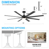 72-Inch Modern Ceiling Fan with Remote, Reversible Powerful DC Motor, 8 Aluminum Blades, 6-Speed, Dual Downrods(7“&24”), LED Light Kit with 3 Color Temps(3000K/4500K/6000K), Black/Gold Black/White/Gold White Finish for Large Room