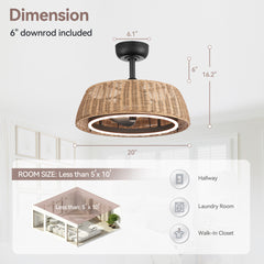 20-inch Rattan Caged 3-Blade Ceiling Fan with Dimmable LED Light and Remote, 6" Downrod Included