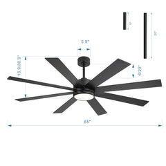65-inch Large 8 Blade LED Ceiling Fan with Light, Remote Control and Two Downrods (6" & 20")