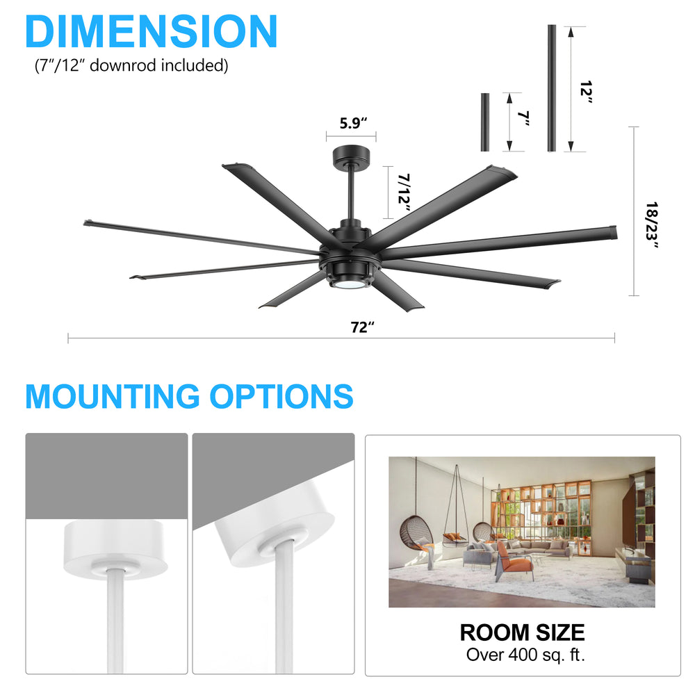 Large 72 Inch 8-Blade Integrated LED Ceiling Fan with Light Remote,7in and 12in Downrod Included