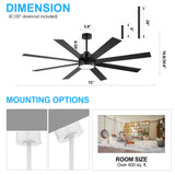 Luminor 72-inch large black 8-blade ceiling fan with light dimension diagram 6-inch or 20-inch downrods flush and tilt mounting over 400 sq ft rooms