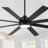 Luminor 72 inch black 8 blade ceiling fan with light installed in a bright modern room