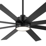 Close-up of Luminor 72-inch large black 8-blade ceiling fan with warm white LED light glowing