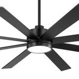Close-up of Luminor 72-inch large black 8-blade ceiling fan with cool white LED light glowing