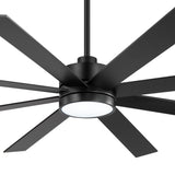 Close-up of Luminor 72-inch large black 8-blade ceiling fan with neutral white LED light glowing