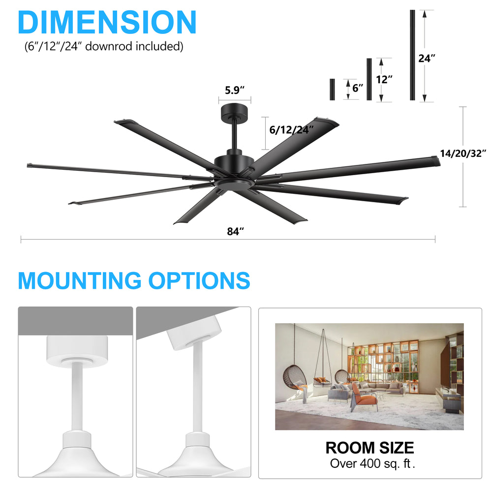 Large 84in Indoor Ceiling Fan with Remote and 3 Downrods without Light(8 Aluminium Blades)