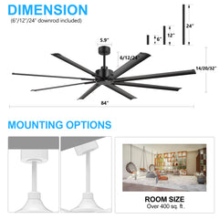 Large 84in Indoor Ceiling Fan with Remote and 3 Downrods without Light(8 Aluminium Blades)