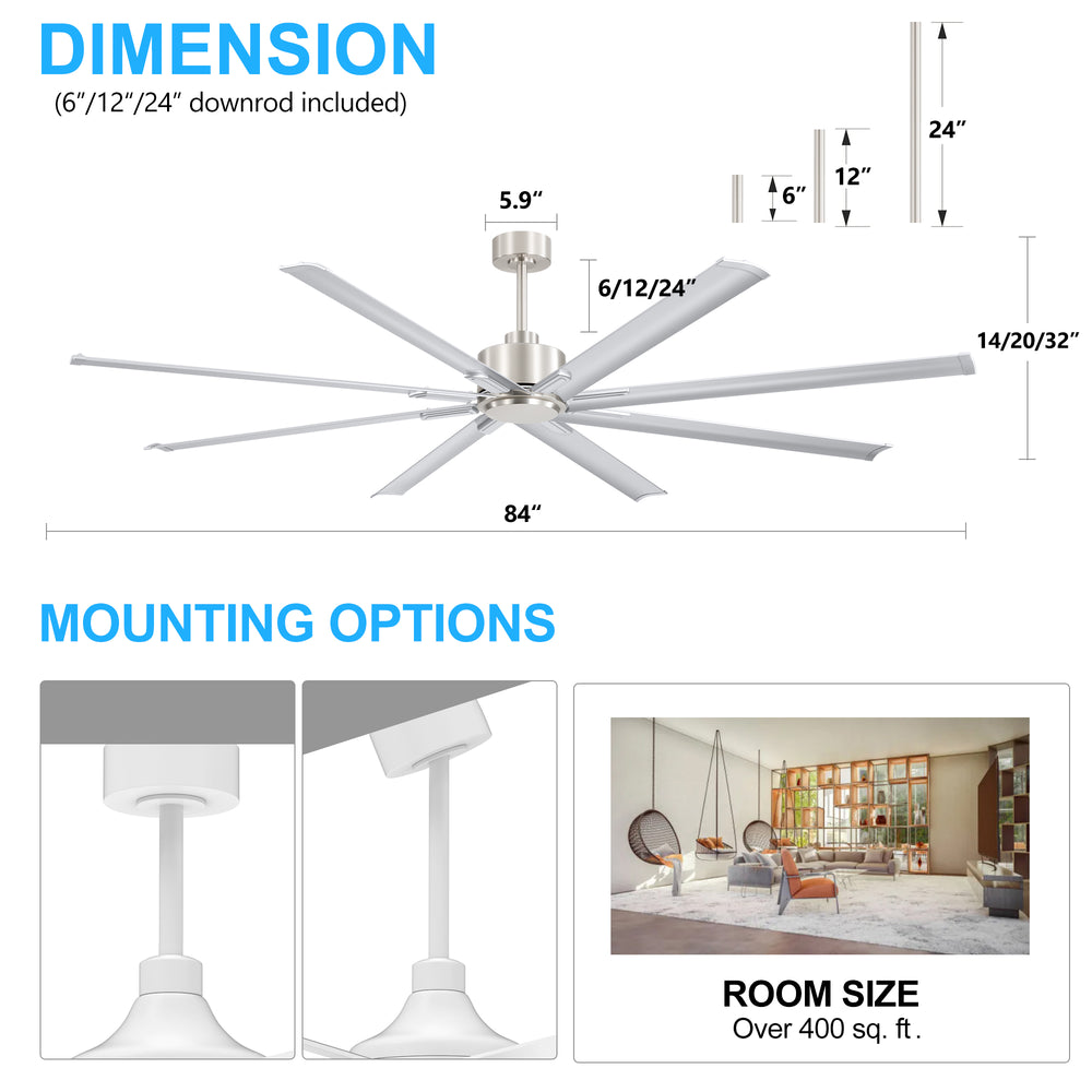 Large 84in Indoor Ceiling Fan with Remote and 3 Downrods without Light(8 Aluminium Blades)
