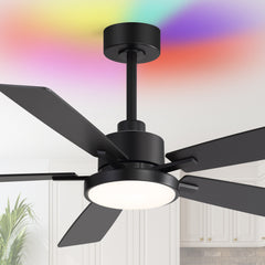 52" Ceiling Fan with RGB Ambient Light, Matte Black Finish, 5 Reversible Blades, Integrated 24W LED (3 Color Temps + Full-Color RGB), Quiet Energy-Saving DC Motor, 6 Speeds with Timer, Remote Control, Forward/Reverse Airflow, Includes 5" & 10" Downrods