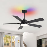 52" Ceiling Fan with RGB Ambient Light, Matte Black Finish, 5 Reversible Blades, Integrated 24W LED (3 Color Temps + Full-Color RGB), Quiet Energy-Saving DC Motor, 6 Speeds with Timer, Remote Control, Forward/Reverse Airflow, Includes 5" & 10" Downrods