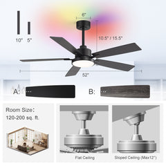 52" Ceiling Fan with RGB Ambient Light, Matte Black Finish, 5 Reversible Blades, Integrated 24W LED (3 Color Temps + Full-Color RGB), Quiet Energy-Saving DC Motor, 6 Speeds with Timer, Remote Control, Forward/Reverse Airflow, Includes 5" & 10" Downrods