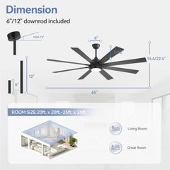 65/72-inch Ceiling Fan with Light and Remote, 8-Blade DC Motor, Dual-Finish Plywood Blades, 3-Color Temperature, 6-Speed Reversible Ceiling Fan for Large Rooms
