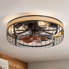 18.9-inch Industrial Flush Mount Caged Ceiling Fan with Light and Remote, 7 ABS Blades, 6-Speed Reversible DC Motor, for Small Indoor Spaces